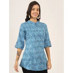 BAESD Floral Print Mandarin Collar Roll-Up Sleeves Ethnic Cotton Top-picture-12