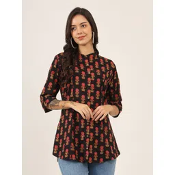 BAESD Floral Print Mandarin Collar Roll-Up Sleeves Ethnic Cotton Top-picture-24