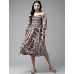 BAESD Floral Print Off-Shoulder Puff Sleeve Georgette Fit & Flare Midi Dress image 1