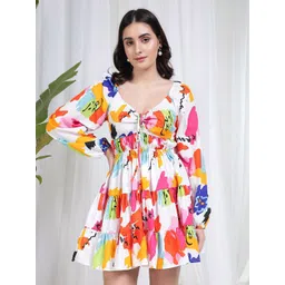 BAESD Floral Print Puff Sleeve Organic Cotton Crepe Fit & Flare Dress-picture-31