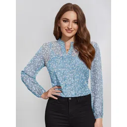 BAESD Floral Printed Mandarin Collar Georgette Semi Sheer Shirt Style Top-picture-39