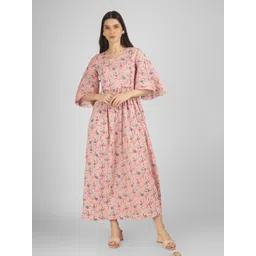 BAESD Floral Printed Round Neck Flared Sleeve Gathered Cotton Maternity Maxi Dress-picture-34