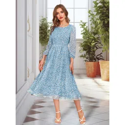 BAESD Floral Printed Round Neck Georgette Gathered Fit & Flare Midi Dress-picture-10