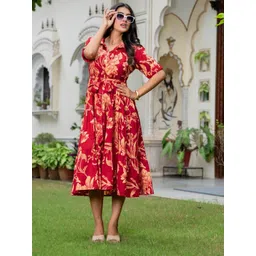 BAESD Floral Printed Shirt Collar Short Sleeves Fit & Flare Dress-picture-39