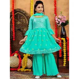 BAESD Girls Embellished Thread Work Round Neck Georgette Kurta With Sharara & Dupatta-picture-53