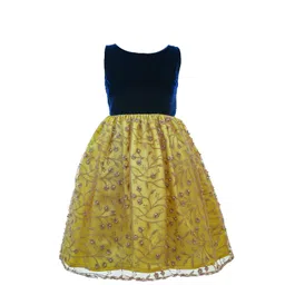 BAESD Girls Embroidered Sleeveless Embellished Velvet Yellow Fit & Flare Party Dress-picture-29