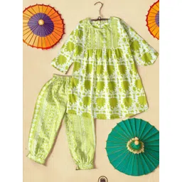 BAESD Girls Ethnic Motifs Printed Pleated Pure Cotton A-Line Kurti With Salwar-picture-56