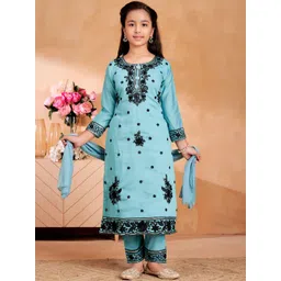 BAESD Girls Floral Embroidered Regular Pure Silk Kurta with Trousers & With Dupatta-picture-25
