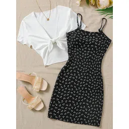 BAESD Girls Floral Print Shoulder Straps Sheath Dress-image-1