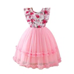 BAESD Girls Floral Printed Flutter Sleeves Ruffled Tulle Net Fit & Flare Dress-picture-23