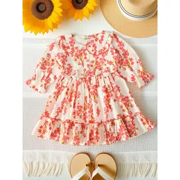 BAESD Girls Floral Printed Puff Sleeve Bow Button Closure Fit & Flare Dress-picture-29