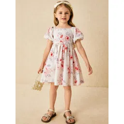 BAESD Girls Floral Printed Puff Sleeves Fit & Flare Bow Dress-picture-33