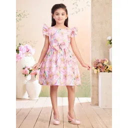 BAESD Girls Floral Printed Round Neck Bow Flutter Sleeves Cotton Fit & Flare Dress-picture-30