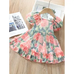BAESD Girls Floral Printed Square Neck Puff Sleeve Chiffon Fit and Flare Dress With Bow-picture-35