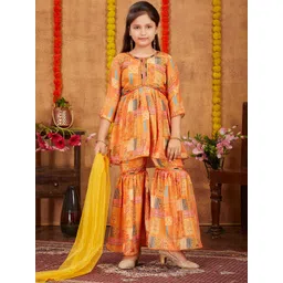 BAESD Girls Floral Printed V-Neck Pure Silk Kurta with Sharara & Dupatta-picture-10