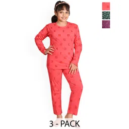 BAESD Girls Pack Of 3 Floral Printed Round Neck Pure Cotton T-shirt Pyjamas Night suit-picture-23