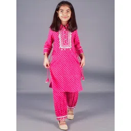 BAESD Girls Pink Leheriya Printed Regular Gotta Patti Pure Cotton Kurta with Pyjamas-picture-50