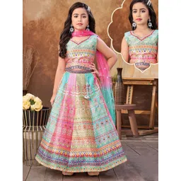 BAESD Girls Printed Mirror Work Tie and Dye Ready to Wear Lehenga & Blouse With Dupatta-picture-38