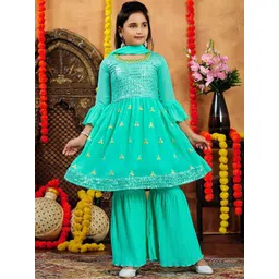 BAESD Girls Sea Green Sequins &Embroidered Ethnic Georgette Kurti With Sharara & Dupatta-picture-33