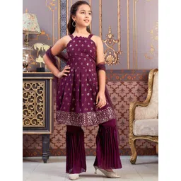 BAESD Girls Wine Sequin Embroidery Georgette Kurta Sharara Set With Dupatta-picture-18