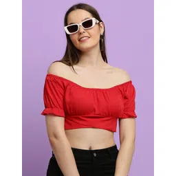 BAESD Off-Shoulder Puff Sleeve Crepe Bardot Crop Top-picture-14