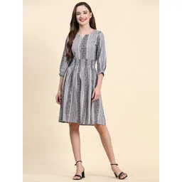 BAESD Tribal Printed Notched Neck Puff Sleeve Crepe Fit & Flared Dress-picture-45