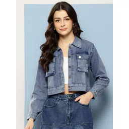 BAESD Women Checked Crop Denim Jacket-picture-35