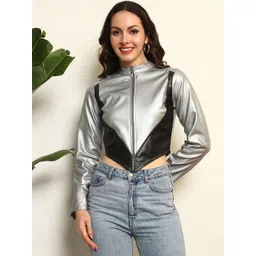 BAESD Women Colourblocked Leather Lightweight Crop Bomber Jacket-picture-38
