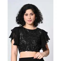 BAESD Women Embellished Round Neck Flutter Sleeve Crop Top-picture-10