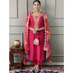 BAESD Women Ethnic Motifs Embroidered Regular Kurta with Trousers & With Dupatta-image-9