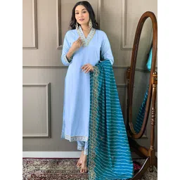 BAESD Women Ethnic Motifs Embroidered Regular Kurti with Trousers & With Dupatta-image-16