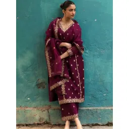 BAESD Women Ethnic Motifs Embroidered Regular Thread Work Chanderi Silk Kurta with Trousers & With Dupatta-image-14