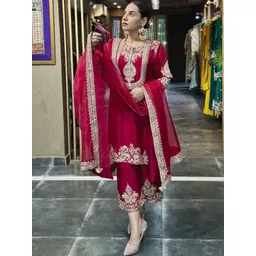 BAESD Women Ethnic Motifs Embroidered Regular Thread Work Kurta with Trousers & With Dupatta-image-23