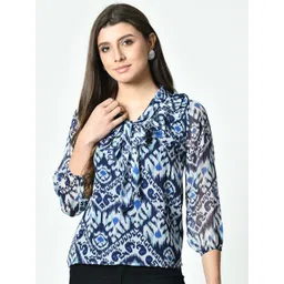 BAESD Women Ethnic Motifs Print Tie-Up Neck Chiffon Top-image-33