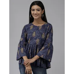 BAESD Women Ethnic Motifs Printed Keyhole Neck Bell Sleeve Cotton Peplum Top-image-41