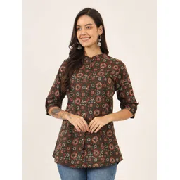 BAESD Women Ethnic Motifs Printed Mandarin Collar Roll-Up Sleeves Cotton Shirt Style Top-image-19
