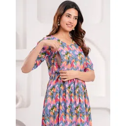 BAESD Women Maternity Printed Puff Sleeve Pleated Detail Cotton Fit and Flare Midi Dress-picture-13