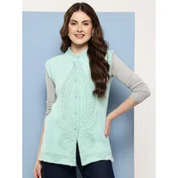 BAESD Women Round Neck Fair Isle Embellished Sleeveless Woolen Cardigan Sweater-picture-14