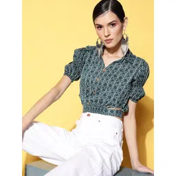 BAESD Women Shirt Collar Bishop Sleeves Pure Cotton Shirt Style Crop Top-picture-11