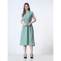 BAESD Women Solid Gathered or Pleated Round Neck Fit & Flare Midi Dress-image-40