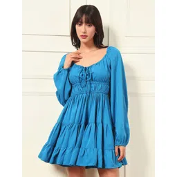 BAESD Women Solid Gathered or Pleated Tie-Up Neck Cotton Fit & Flare Above Knee Dress-picture-38