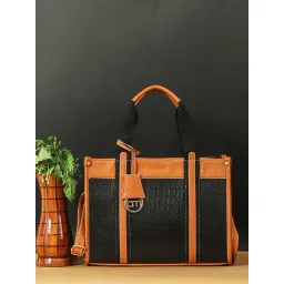 Bagsy Malone Croco Black & Tan Textured Medium Tote Handbag-picture-29