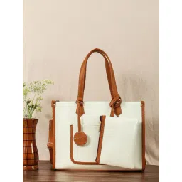 Bagsy Malone White & Tan Textured Medium Tote Handbag with Pouch-picture-21