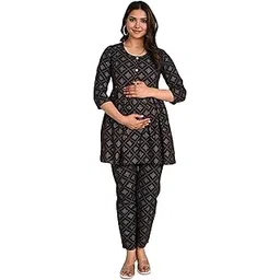 bai saa Women's Cotton Printed Maternity Anarkali Night Suit for Easy Breastfeeding (Brown)-picture-12