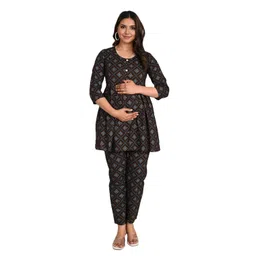 bai saa Women's Cotton Printed Maternity Anarkali Night Suit for Easy Breastfeeding (Brown) image 1