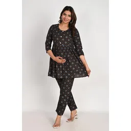 bai saa Women's Cotton Printed Maternity Anarkali Night Suit for Easy Breastfeeding (Brown) image 3