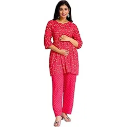 Women's Cotton Printed Maternity Anarkali Night Suit for Easy Breastfeeding (Pink)-image-3