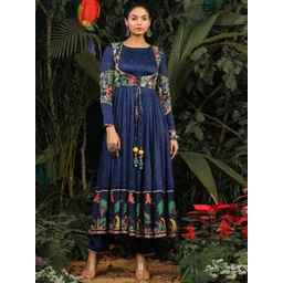 Baise Gaba Women Quirky Printed Indigo Satin Anarkali Kurta-picture-10