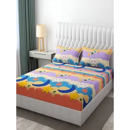 Bajo's Blue & Orange Printed 250 TC Fitted Queen Bedsheet with 2 Pillow Covers-picture-24