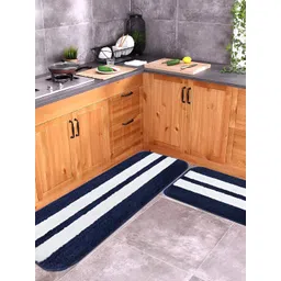 Bajo's Navy Blue & White 2 Pcs Super Soft Striped Mat & Runner With Anti Skid Backing-picture-18